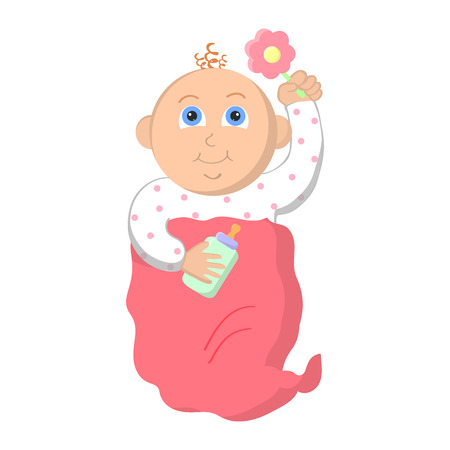 Little baby girl. Adorable baby with beans and a bottle for feedingのイラスト素材