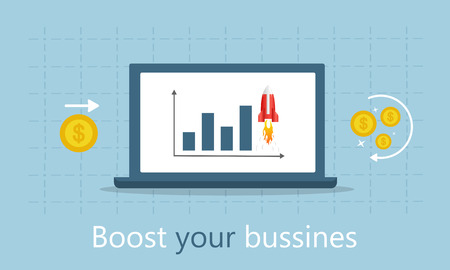 Effective promotion Turbo SEO boost. Flat vector illustration. With a diagram and a rocket on the laptop on blue background.のイラスト素材