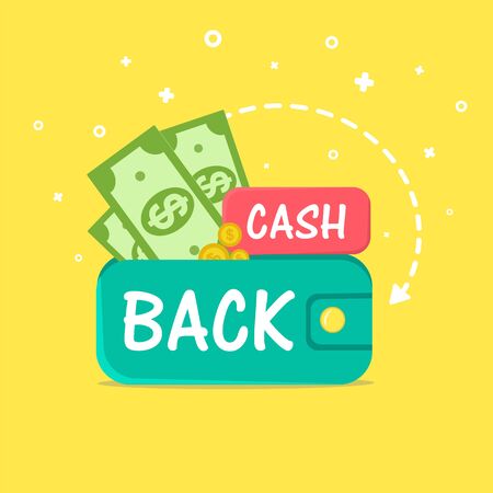 Cash back with dollars and wallet on yellow background. Cashback or money refund concept vector illustration.のイラスト素材