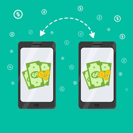 Money transfer transaction between device smartphone. Online payment cash app concept. Vector flat cartoon illustration.のイラスト素材