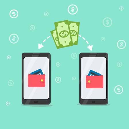 Money transfer transaction between device smartphone. Online payment cash app concept. Vector flat cartoon illustration.のイラスト素材