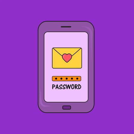 Dating smartphone app concept. Valentines Day holiday. Flat style smartphone whith heart envelope and password. Online communication and connection. Searching for romantic relationship.のイラスト素材