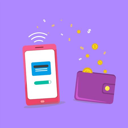 Money transfer transaction between device smartphone. Online payment cash app concept. Vector flat cartoon illustration.のイラスト素材