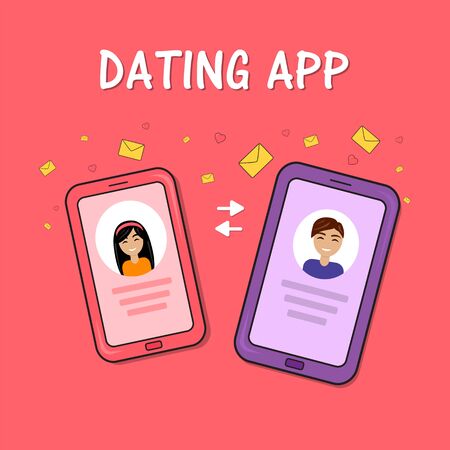 Dating smartphone app concept. Valentines Day holiday. Flat style smartphone with boy, girl and mails hearts. Online communication and connection. Searching for romantic relationship.のイラスト素材