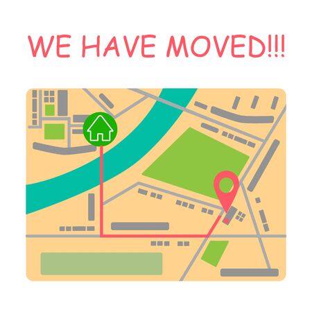We have moved. Moving office sign with map. Vector illustration with geo pin symbol. Address concept.のイラスト素材