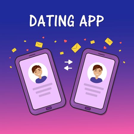 Dating smartphone app concept. Valentines Day holiday. Flat style smartphone with gays mails hearts. Online communication and connection. Searching for romantic relationship.のイラスト素材