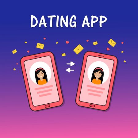Dating smartphone app concept. Valentines Day holiday. Flat style smartphone with lesbian women mails hearts. Online communication and connection. Searching for romantic relationship.のイラスト素材