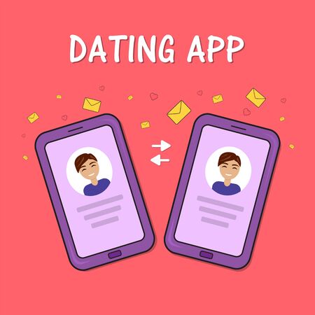 Dating smartphone app concept. Valentines Day holiday. Flat style smartphone with gays mails hearts. Online communication and connection. Searching for romantic relationship.のイラスト素材