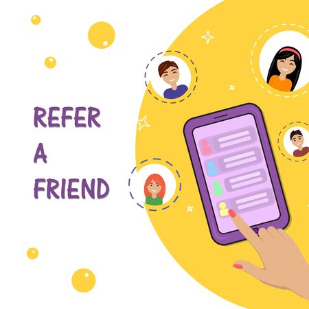 Refer a friend concept with smartphone man and woman icons. Vector flat illustrationのイラスト素材