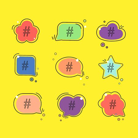 Hashtag icon in speech bubble set. Concept of number sign, social media and web communicate flat style trendy modern vector illustrationのイラスト素材