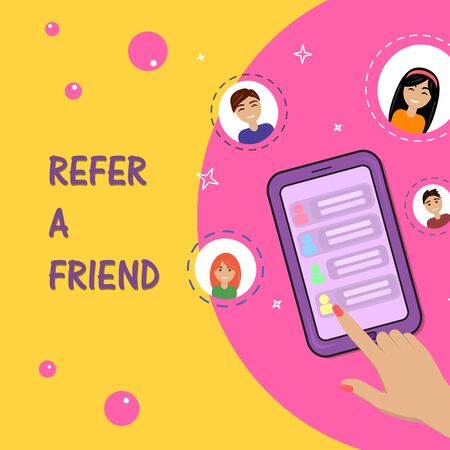 Refer a friend concept with smartphone man and woman icons. Vector flat illustrationのイラスト素材