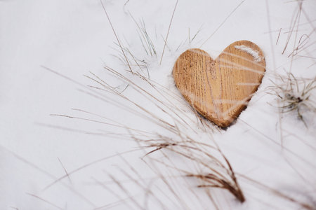 Wooden heart, close-up, on a white snow blanket covering meadow grasses on a fine winter day