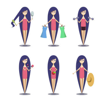 Set. Girl with long blue hair and different spheres of life.のイラスト素材