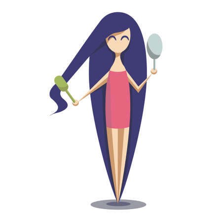 Girl with long blue hair. She combs her hair and looks in the mirror.のイラスト素材