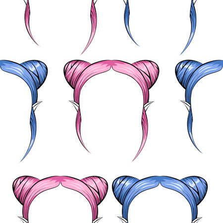 Hairstyles. Blue and pink hair. Seamless pattern.のイラスト素材