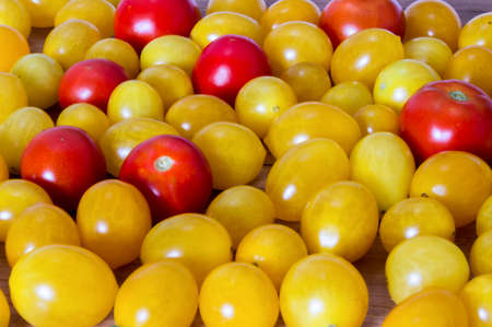yellow red tomato small plates lot wood boardの写真素材