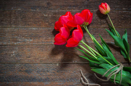 Red tulips on an antique wooden background retroの写真素材