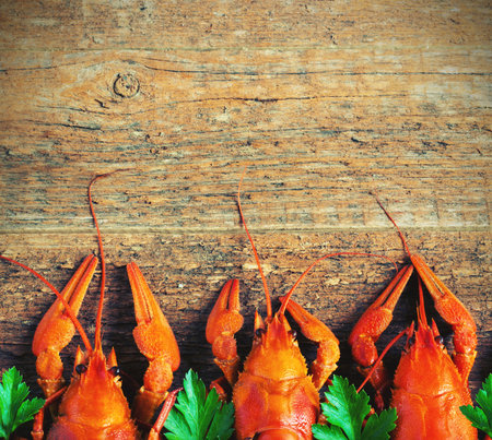 Boiled crayfish on a wooden background toningの写真素材