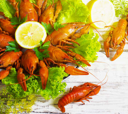 crawfish on wooden white background in a plateの写真素材