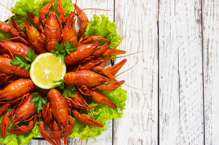crawfish on wooden white background in a plateの写真素材