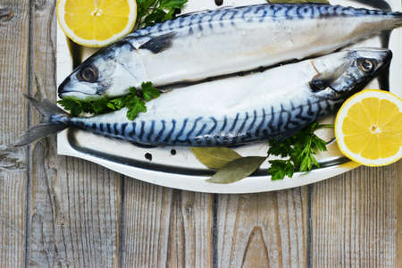 Mackerels fresh served on silver plate with lemonの写真素材