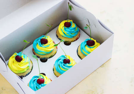 Vanilla cupcakes with a colored cap of cream in a box on a light backgroundの写真素材