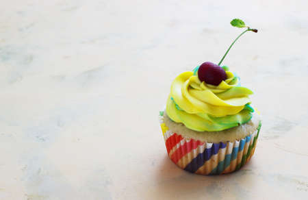 Vanilla cupcake with a cap of colored cream cheese with cherry a light backgroundの写真素材