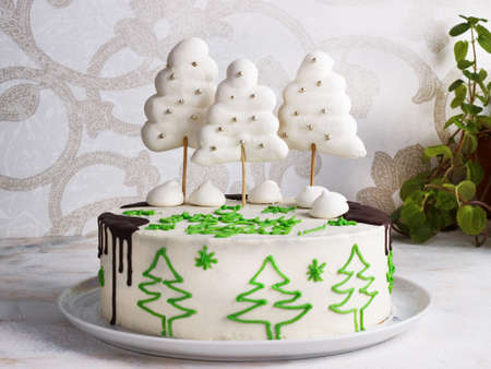 New Year cake with meringue trees and chocolate on a light backgroundの写真素材