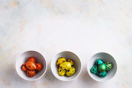 Colored easter eggs on a light background,place for textの写真素材