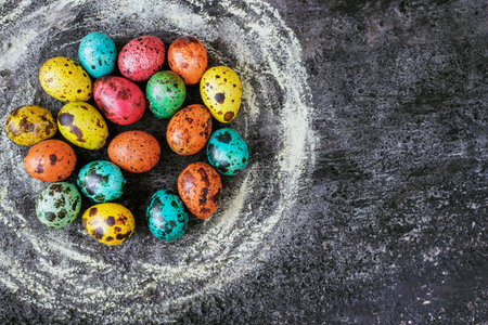 Easter eggs on a black background, Easter concept,place for textview, from aboveの写真素材