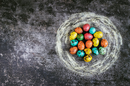 Easter eggs on a black background, Easter concept,place for textview, from above