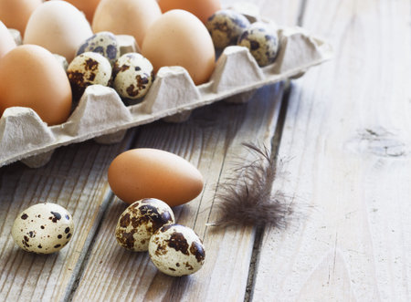 Eggs from chicken and quail farm in the package.