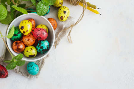 Colored easter eggs on a light background,place for textの写真素材