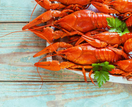 Crawfish on wooden table backgroundの写真素材