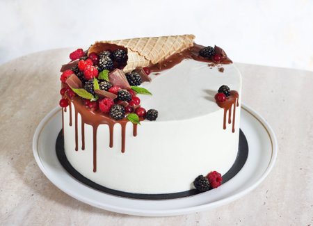 Festive cake with chocolate and berries in a waffle horn.