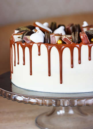 Male, Stylish, Modern Chocolate Cake with Fudge Drizzled Icing on White Backdropの写真素材