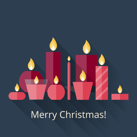 Christmas card with candles in flat style with long shadows. Merry Christmas! Flat icons Christmas candles with long shadows. 9 different candles in flat style. Candles collectionのイラスト素材