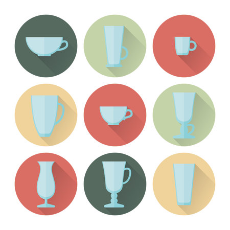 Set of cups and glasses for coffee and drinks icons in a flat style with long shadows. Abstract illustration of cups. Tableware set. Glasses for latte and cappuccino, for espresso based beverages.のイラスト素材