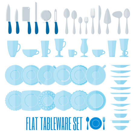 Flat style tableware big icon set on white. Collection of simple geometric illustration of plates, cups and glasses, forks, spoons and knifes. Top and side view. For cafe and restaurant menu, design.のイラスト素材