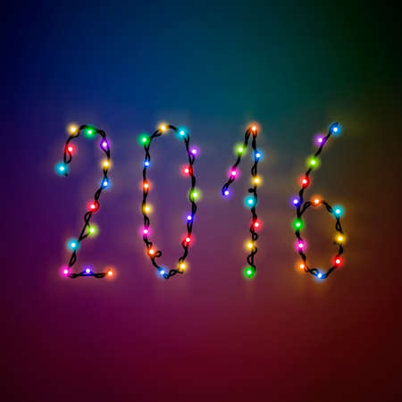 New Year Card 2016 on multicolored blurred background with bokeh. The text of the 2016 colored Christmas lights on colorful backdrop. 2016 number of garlands with reflection for party invitationのイラスト素材