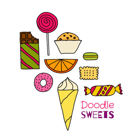 Hand drawn colorful icon set of cookies, chocolates, cakes and candies. Doodle pictogram collestion of sweets. Sketch design elements in cartoon style. Tasty colors symbol collection of candies.のイラスト素材