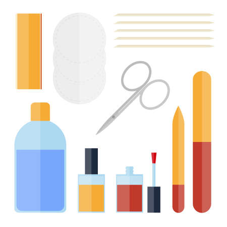 Flat set of manicure equipment. Nail clippers, nail polish remover, orange sticks, nail  polish, nail file, glass nail file, nail file polishing, cotton padsのイラスト素材