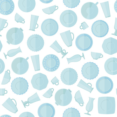 Flat seamless pattern of plates, cups and glasses. Tableware seamless texture. Tableware icon set....