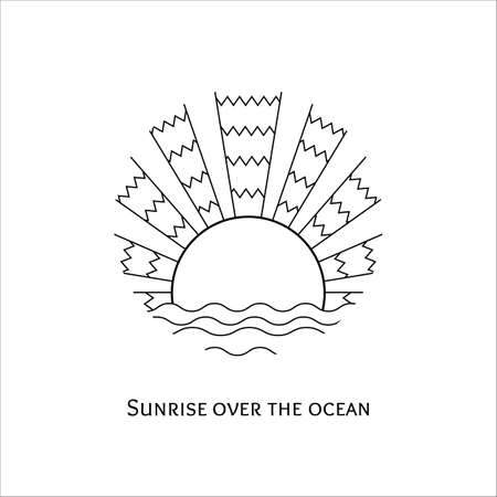 Vector monochrome line art illustration of sunrise over the ocean. Stylized mosaic logo sunset over the sea. Outline sunrise over the waves icon. Coloring.のイラスト素材