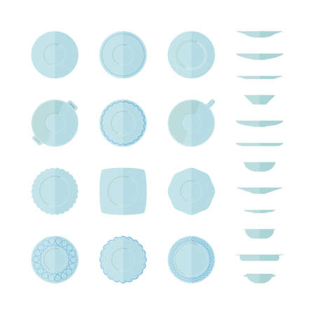 Flat set of different icons plates top and side views isolated on white background. Abstract illustration of empty dishes. Tableware icon set.のイラスト素材