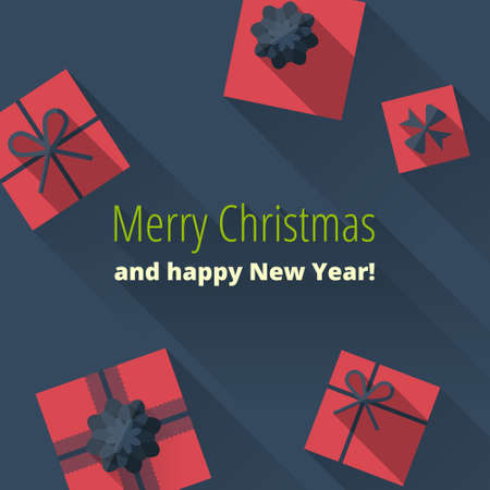 Christmas card with gift boxes. Christmas greeting with presents in flat style with long shadow. Merry Christmas and happy New Year!のイラスト素材