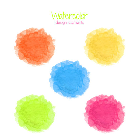 Hand drawn watercolor colorful design elements isolated on white background. Watercolor rainbow spots set. Lime, cyan, yellow, magenta and orange watercolor backgrounds.のイラスト素材