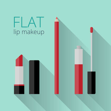 Flat lip makeup set. Lipstick, lip gloss and lip liner in flat style with long shadow. What you need to do red lipsのイラスト素材