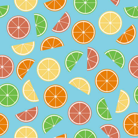 Colorful citrus seamless pattern. Geometric citrus: lemon, lime, grapefruit, orange. Flat seamless texture. Colorful fruit in a flat styleのイラスト素材