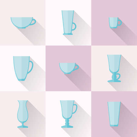 Set of cups and glasses for coffee and drinks icons in a flat style with long shadows. Abstract illustration of cups. Tableware icon set. Glasses for latte and cappuccino, for espresso based beveragesのイラスト素材